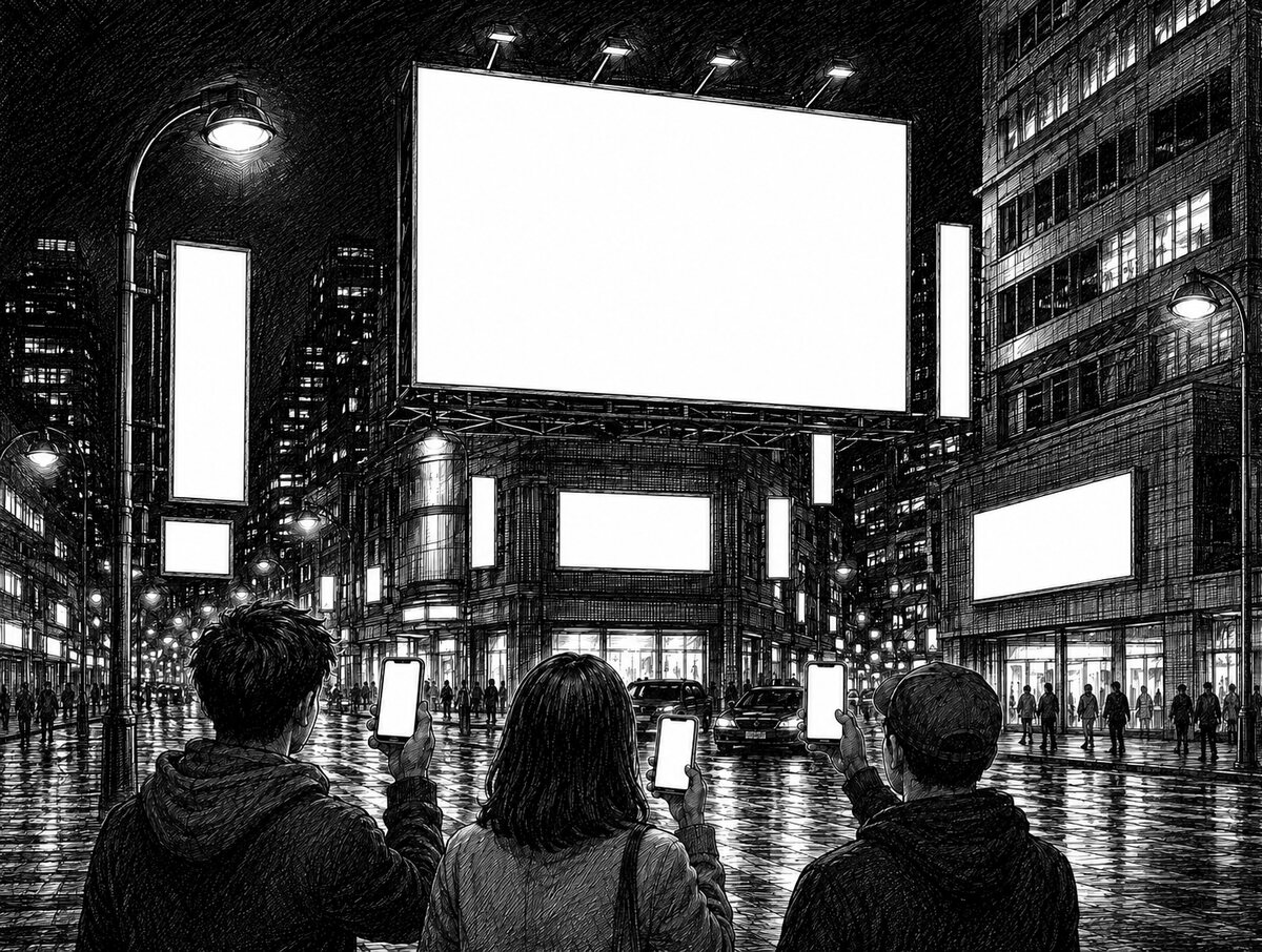 Pen-and-ink night street. Three people seen from behind hold up phones whose screens are blank white, beneath a huge blank billboard; every sign and screen in the city is empty.